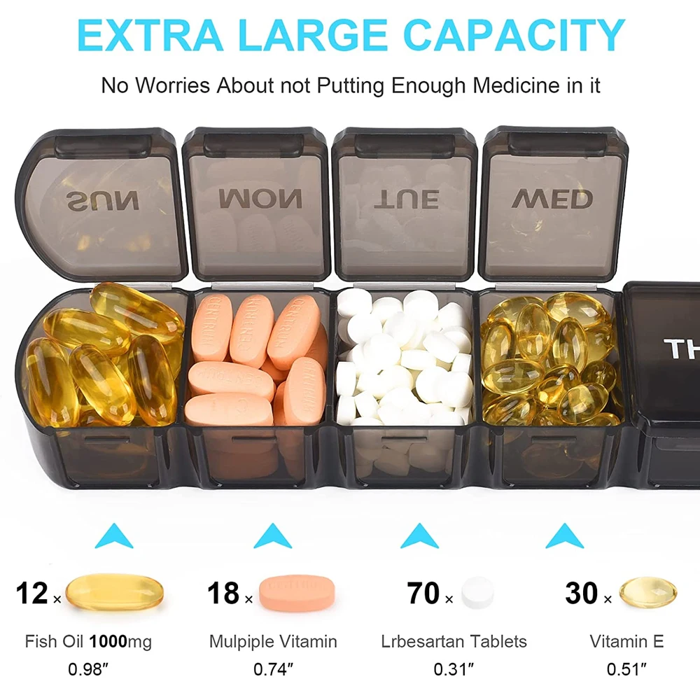 1 kleiner wöchentlicher Pillen-Organizer für 7 Tage, Tages-Pillenetui im Taschenformat, Tagesplaner, Pillenbox für Pillen/Vitamin/Fischöl/Ergänzungsmittel – Detail 13