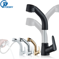POIQIHY Pull Out Black Bathroom Sink Faucet Hot and Cold Water Mixer Crane Lift Up and down Chrome 360 Degree Water Mixer Tap