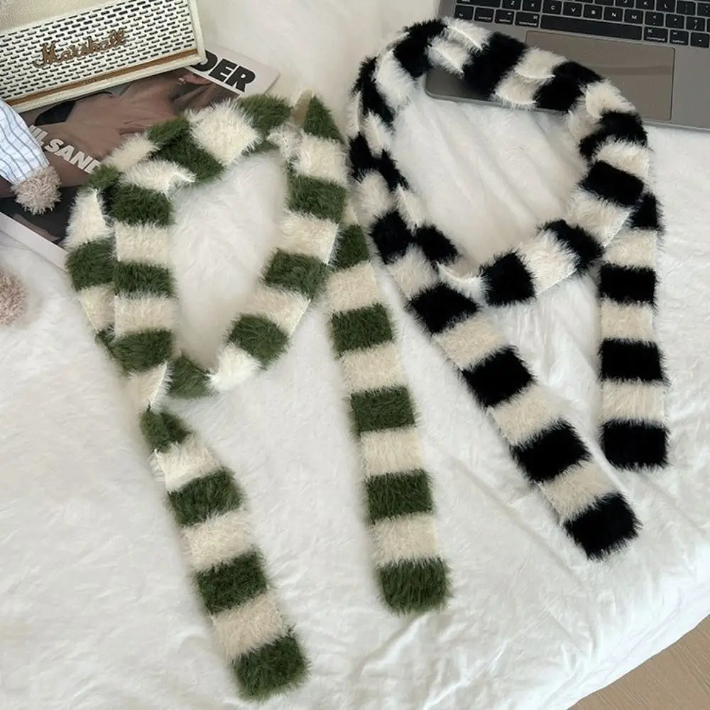 Trendy Harajuku Narrow Long Scarf Subculture Gothic Punk Y2K Striped Scarf Faux Fur Streetwear Choker Streamer Women