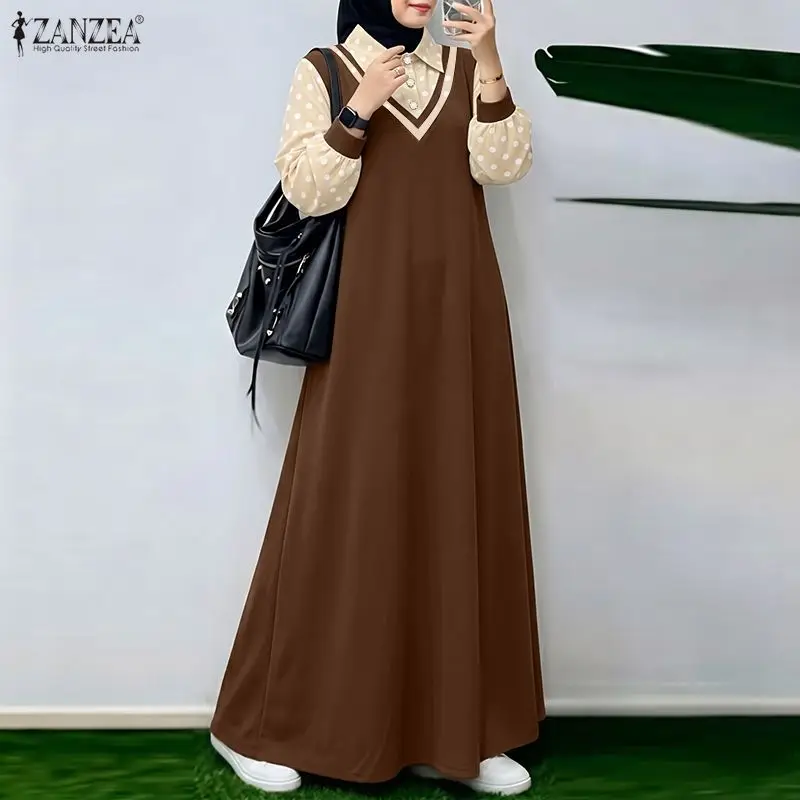 ZANZEA Polka Dots Bedrucktes Muslimisches Kleid Abaya 2026 Damen Lässiges Reverskragen Langarm Patchwork Weites Maxi-Sommerkleid Ramadan Robe