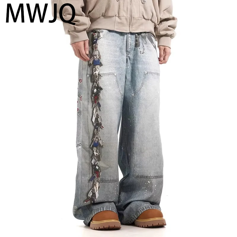 

MWJQ Print Design Vintage Jeans Men's American New Trend Streetwear Oversize Silhouette Straight Leg Pants 2025 Spring 010021