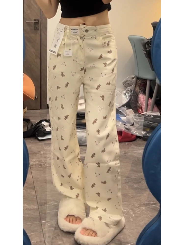 

American Retro Bear Print Straight Leg Jeans Women Summer New Faion Slimming Wide Leg Pants High Waist Regular Thiening F...
