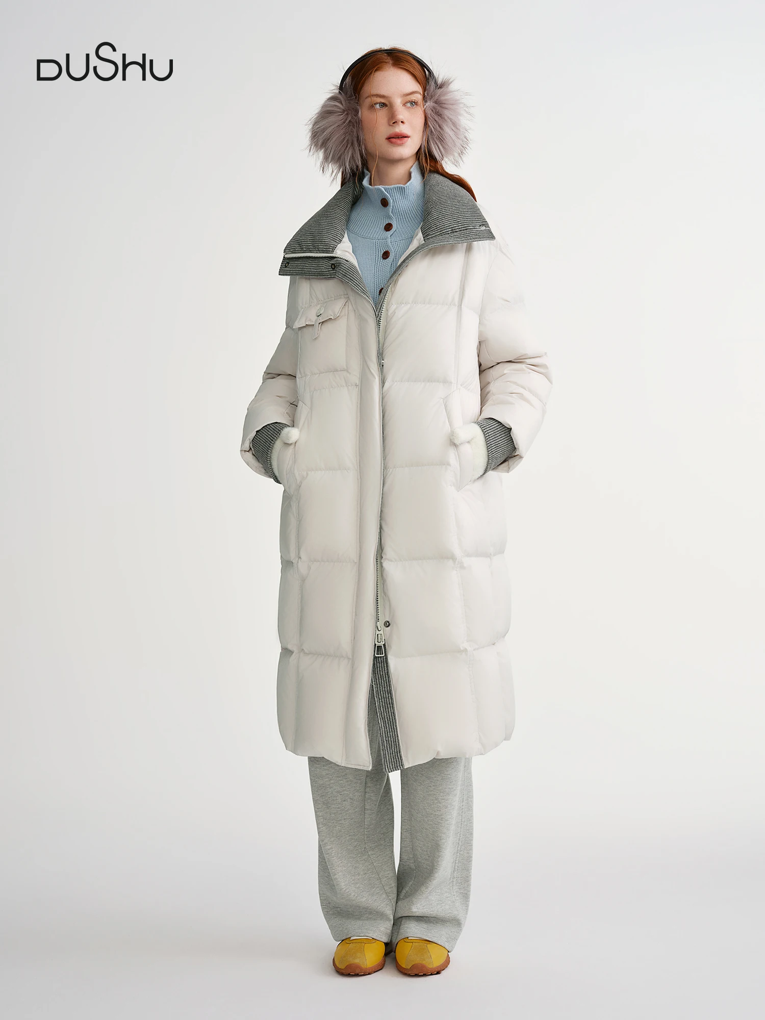 

​ DUSHU 2025 зимнее женское длинное белое пальто на утином пуху — элегантное теплоизолированное пальто для защиты от холодной погоды
