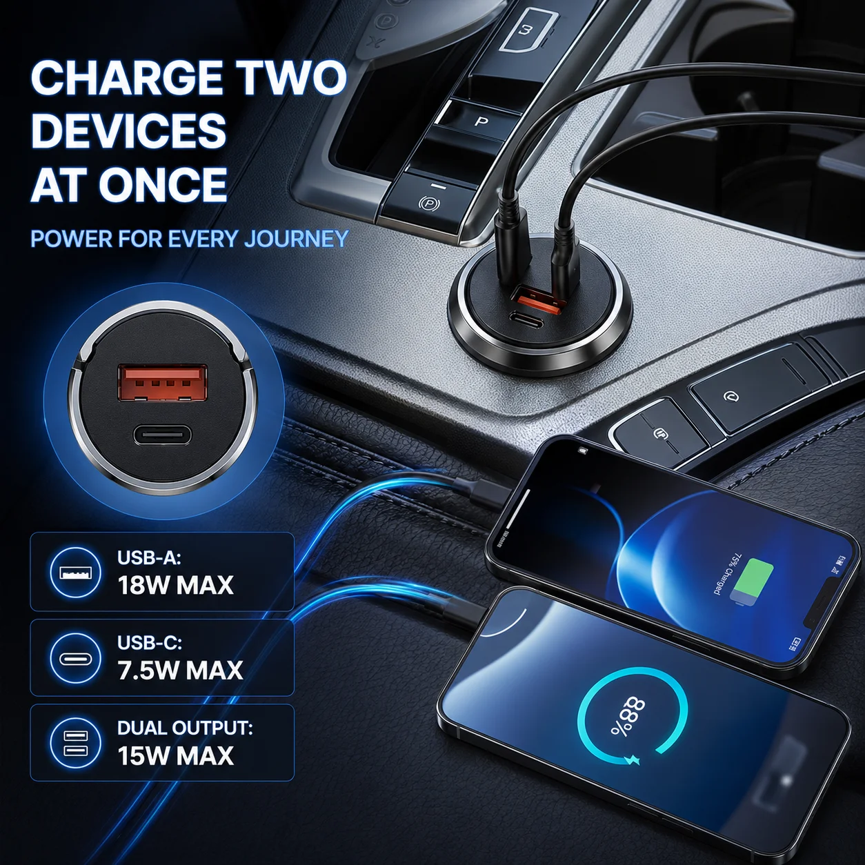 100W 66W 5A Invisible Mini Car Charger 2 Ports Car Charger Fast Charging PD/QC Car Cigarette Lighter Flash Charge for Xiaomi