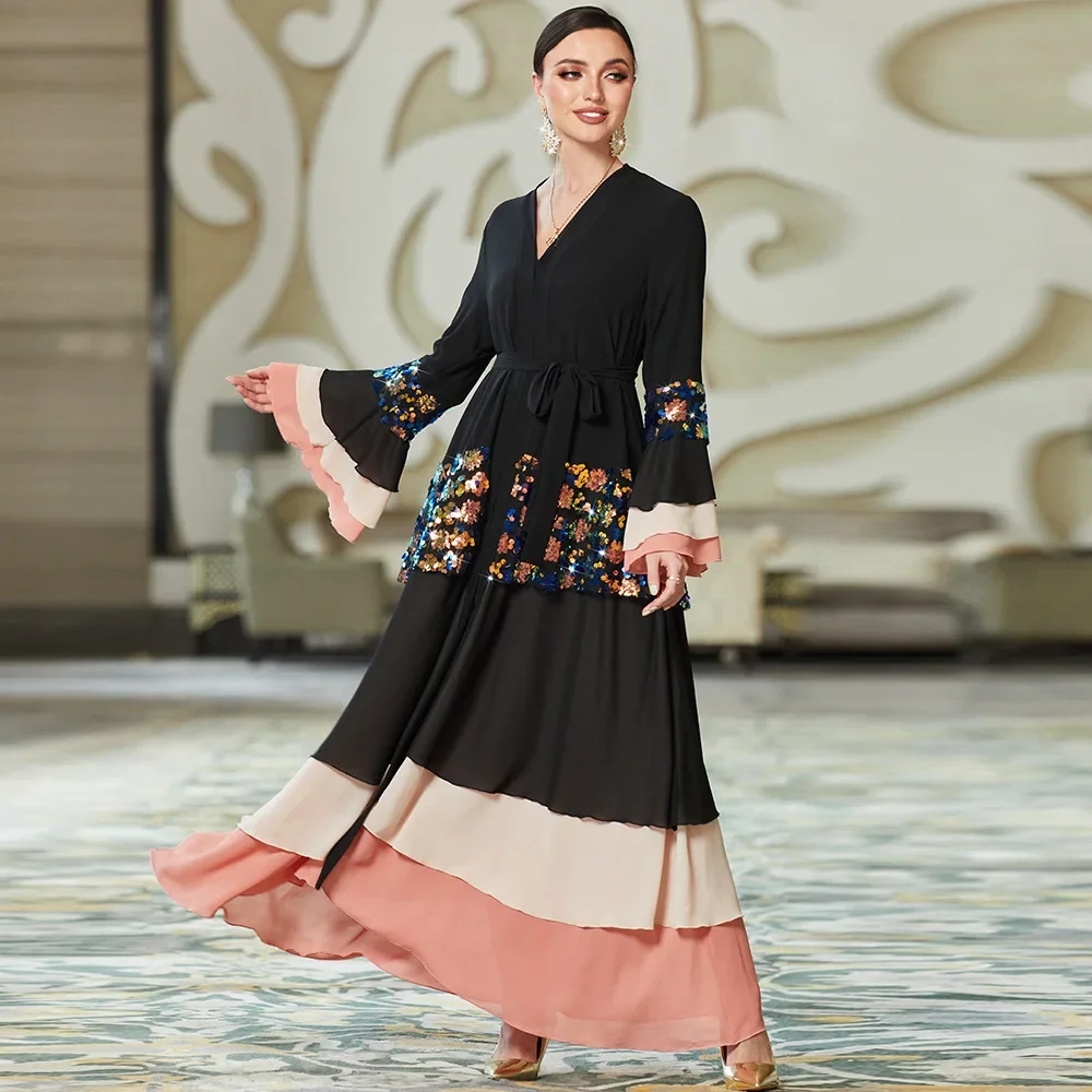

Women Dubai Sequins Open Abaya Kimono Cardigan Muslim Ruffles Dress Eid Ramadan Jalabiya Robe Femme Musulman Kaftan Vestido Gown