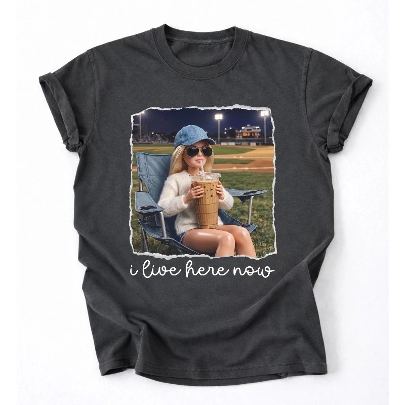 Retro Funny Doll Drinking Coffee I Live Here Now Shirt, Softball Mom Shirt, Baseball Mama Vintage Tee