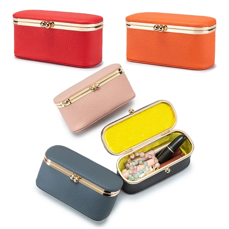 Genuine Leather Small Jewelry Box Kiss‑Lock Lipstick Storage Case Travel Rings Earrings Necklaces Organizer Hard Cosmetic Pouch