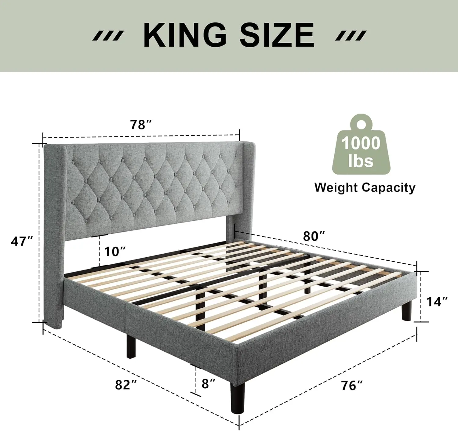 King Size Bed Frame with Wingback, Upholstered Platform Bed with Diamond Tufted Headboard, Heavy Duty Bed Frame