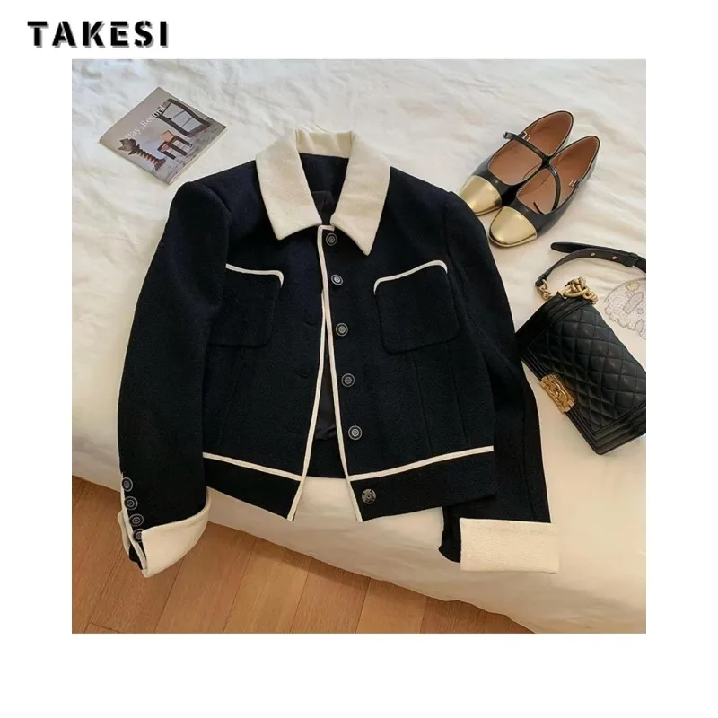 2023 Autumn Winter Korean Style Single Breasted Patchwork Jacket For Women Outwear Casual Fashion Single Breasted Warm Coat