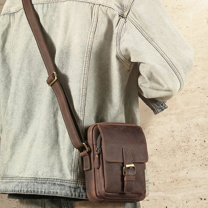 Vintage 100% Crazy Horse Genuine Leather Men's Crossbody Bag, Casual Multifunctional Anti-theft Commuting Phone Shoulder Bags