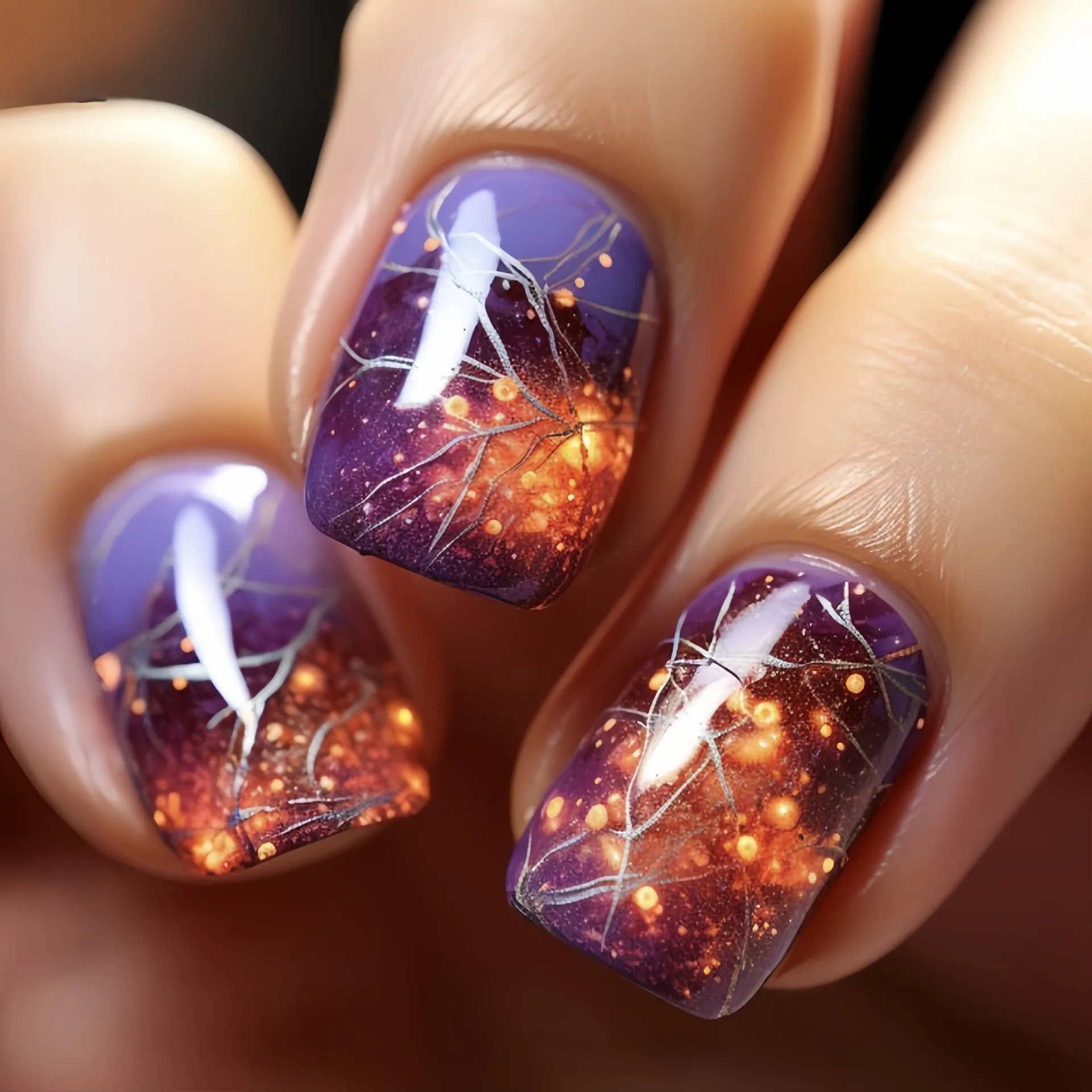 Fake Nails Press on Short Square Head False Nail Starlit Sky Design Artifical Full Cover Nail Tips Gradient Purple Fake Nails
