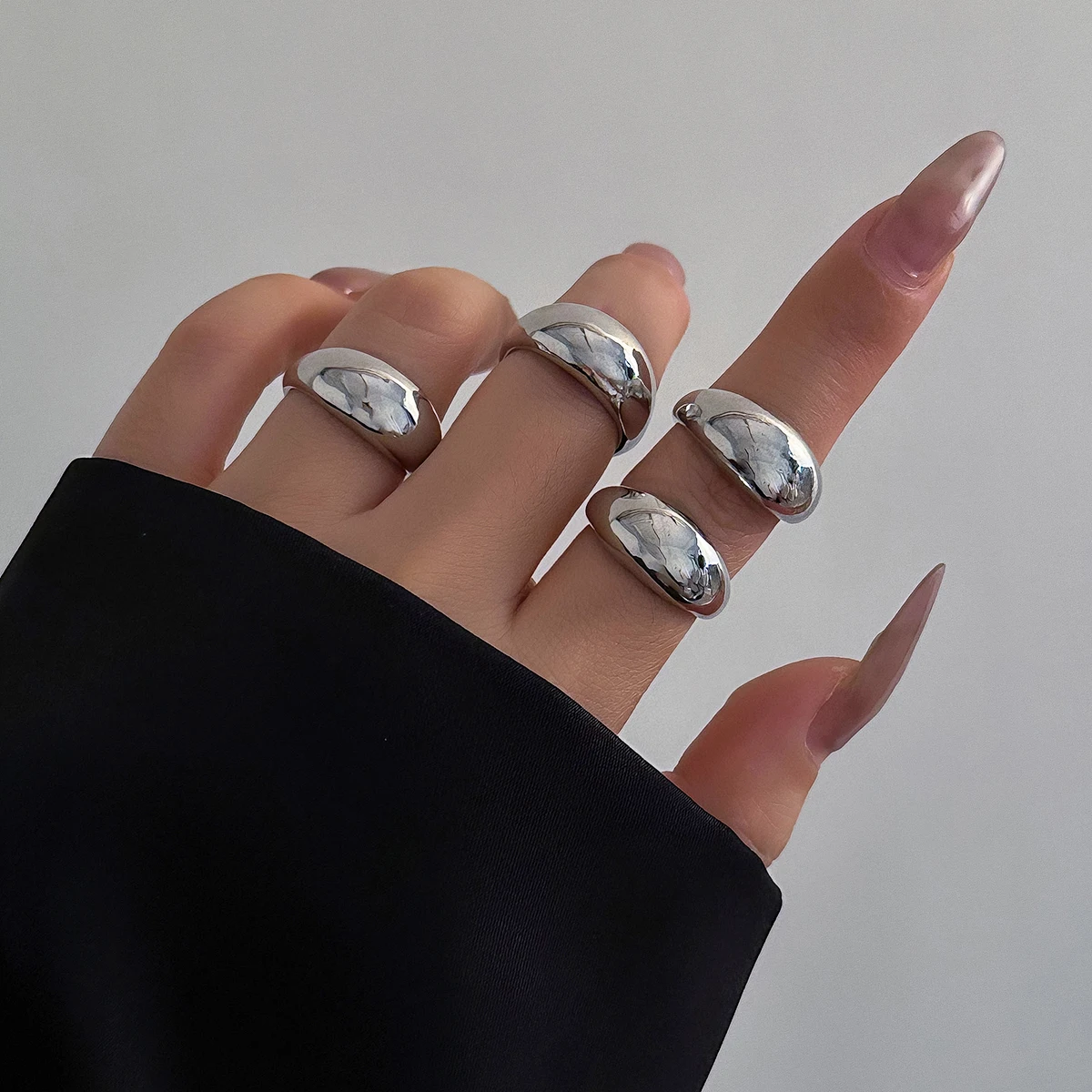 KunJoe 4pcs/set Punk Metal Curved Smooth Open Adjustable Ring for Women Men Simple Silver Color Rings Set Hip Hop