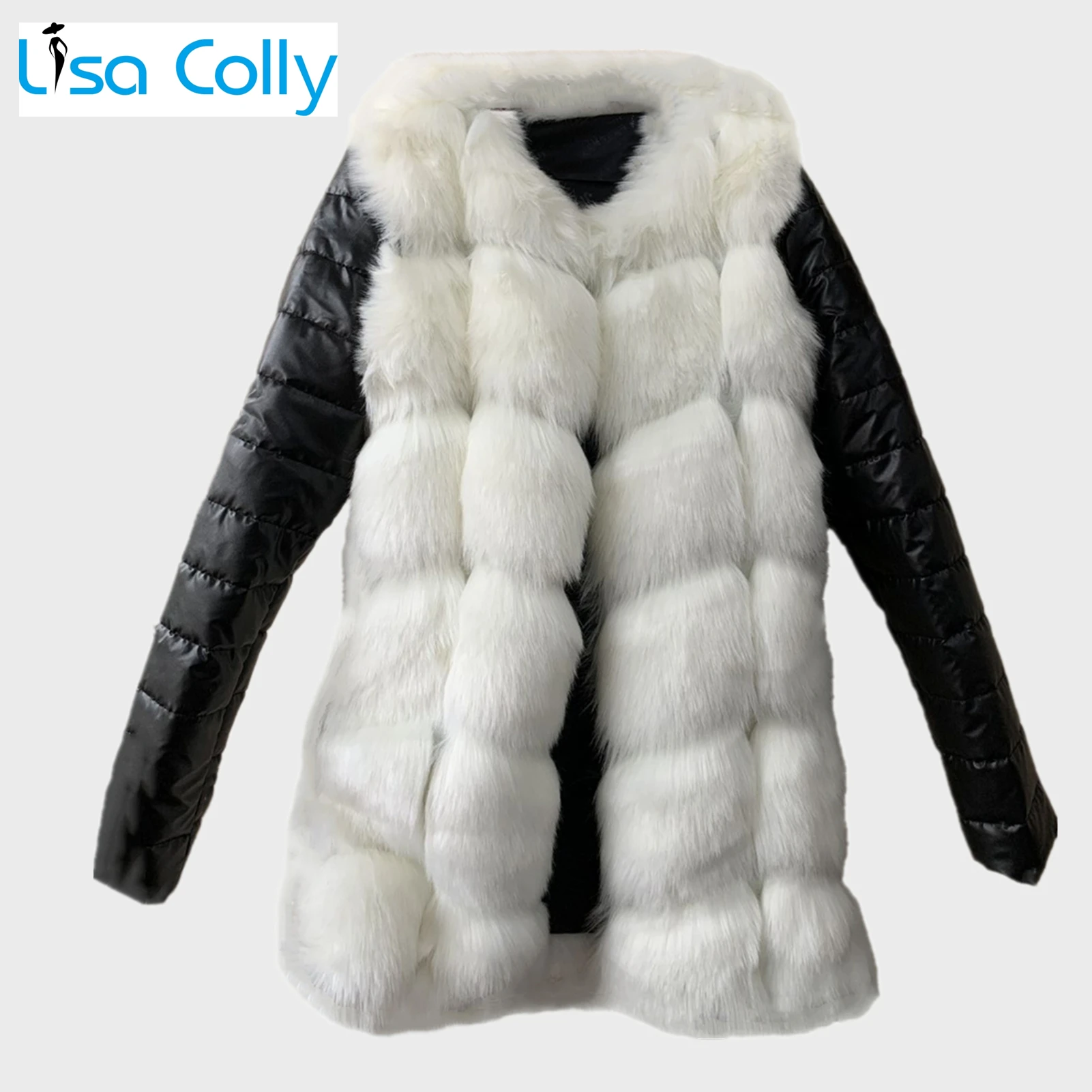 Winter Women Black PU Leather Removable Sleeve Faux Fur Jacket Thick Warm Faux Fox Fur Coat Overcoat