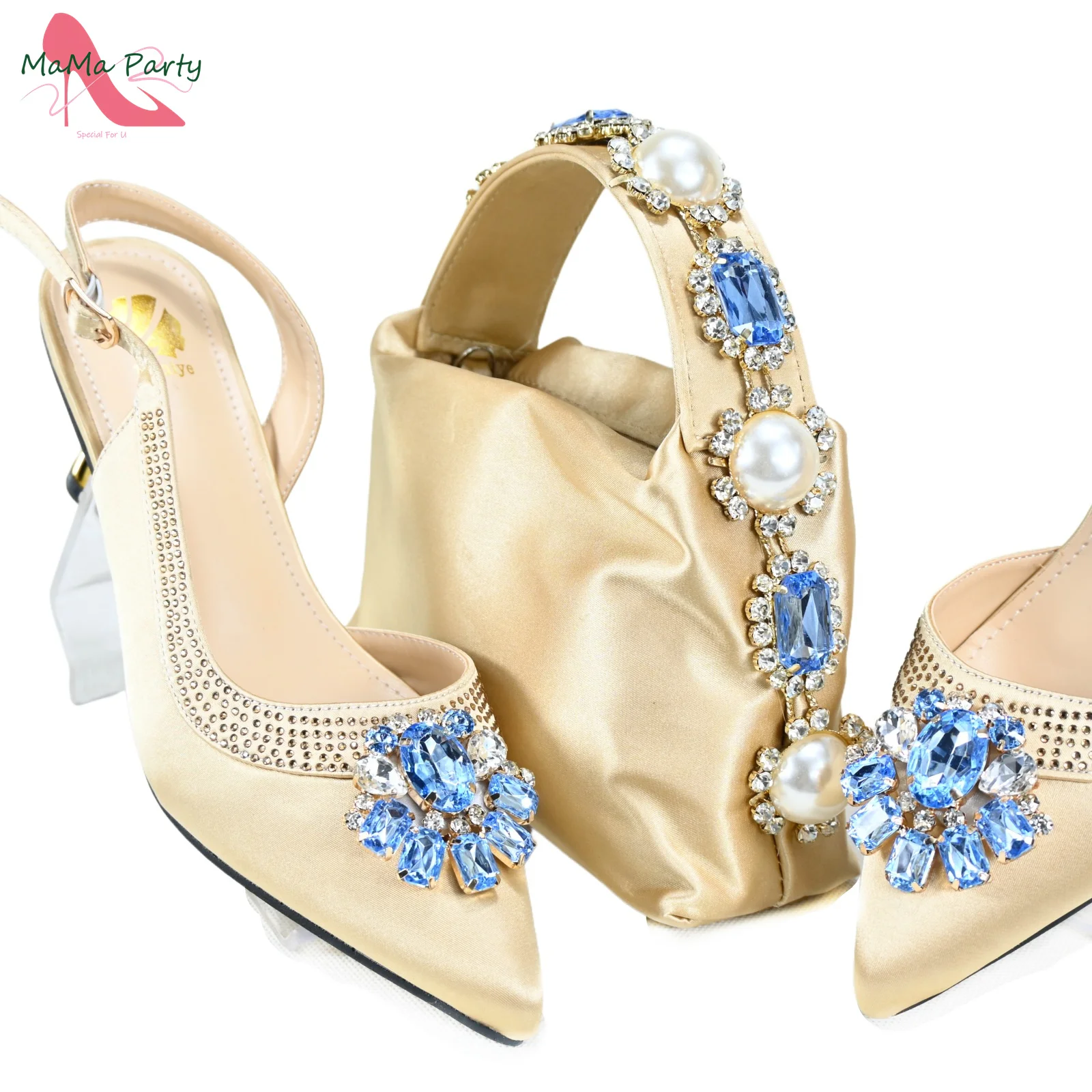 

Новое поступление с блестящими кристаллами, удобная зимняя обувь золотого цвета на среднем каблуке, новейший комплект африканской обуви и сумки для вечеринки