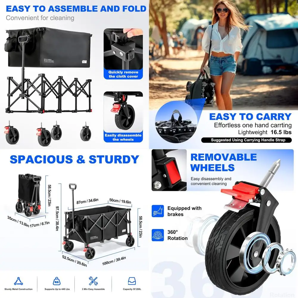 

Heavy-Duty 200L Collapsible Wagon with 440lbs Capacity for Camping, Gardening, and More (Black)