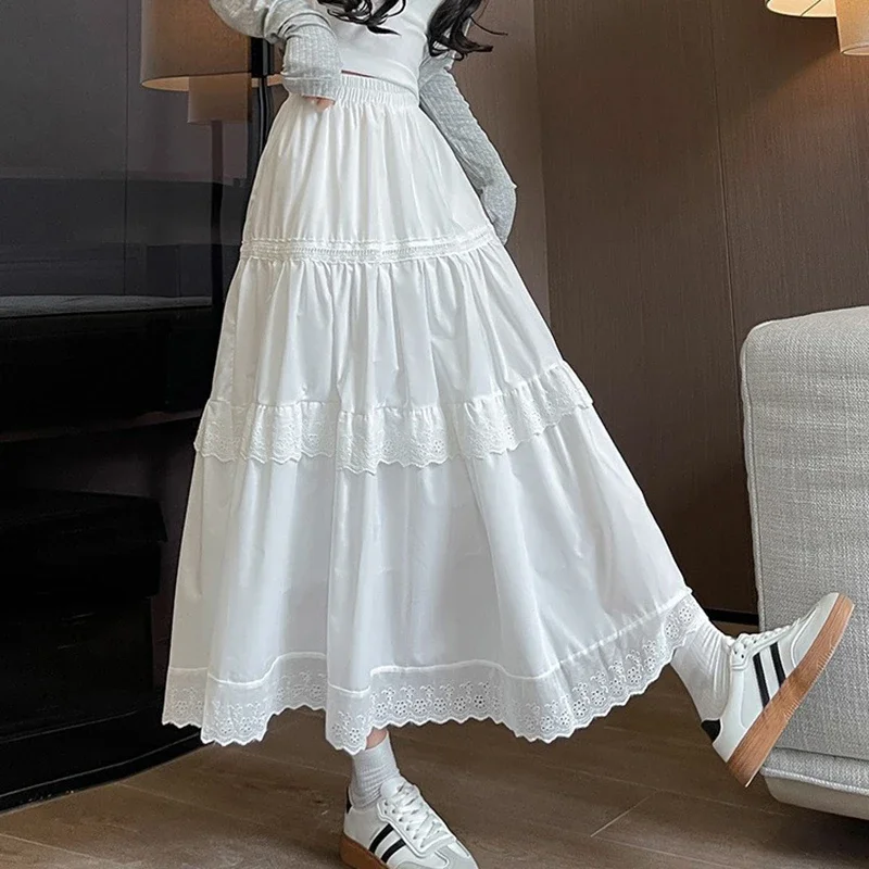 Gonna a pieghe coreana in pizzo bianco per donna 2025 Gonne lunghe con torta patchwork a vita alta Donna Estate Chic Gonne a linea allentate Mujer