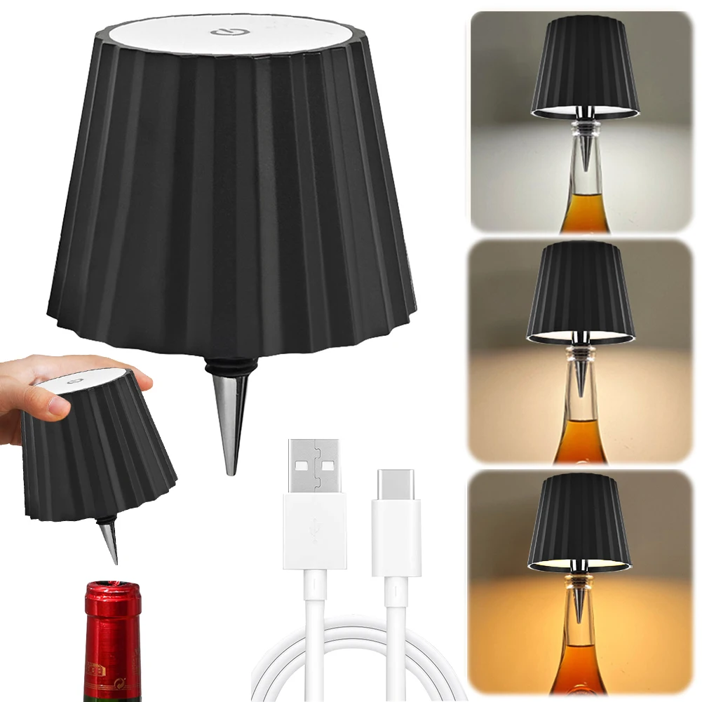 Wine Bottle LED Wireless Table Lamp 2000mAh USB Wine Bottle Lamp 3 Colors Dimmable Touch Control for Family Restaurant & Bar