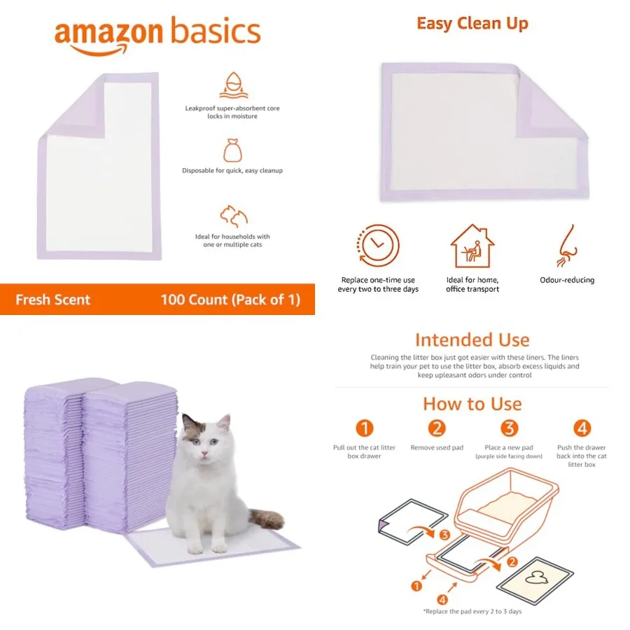 

Cat Pee Pads, Super Absorbent, Odor Control with Scent, Universal Fit for Litter Box, Multi Cat, Disposable, White/Purple