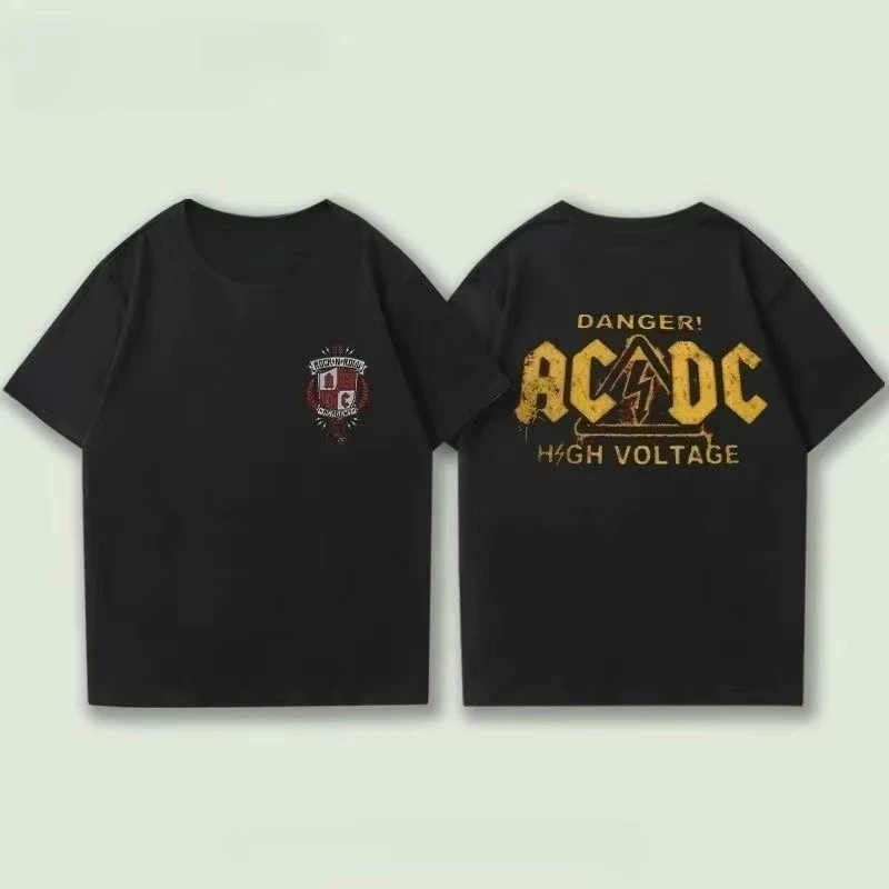 

2025 ACDC Rock Band Short Sleeved T-shirt for Boys and Girls Summer Loose American Street Versatile Round Neck Cotton men tee