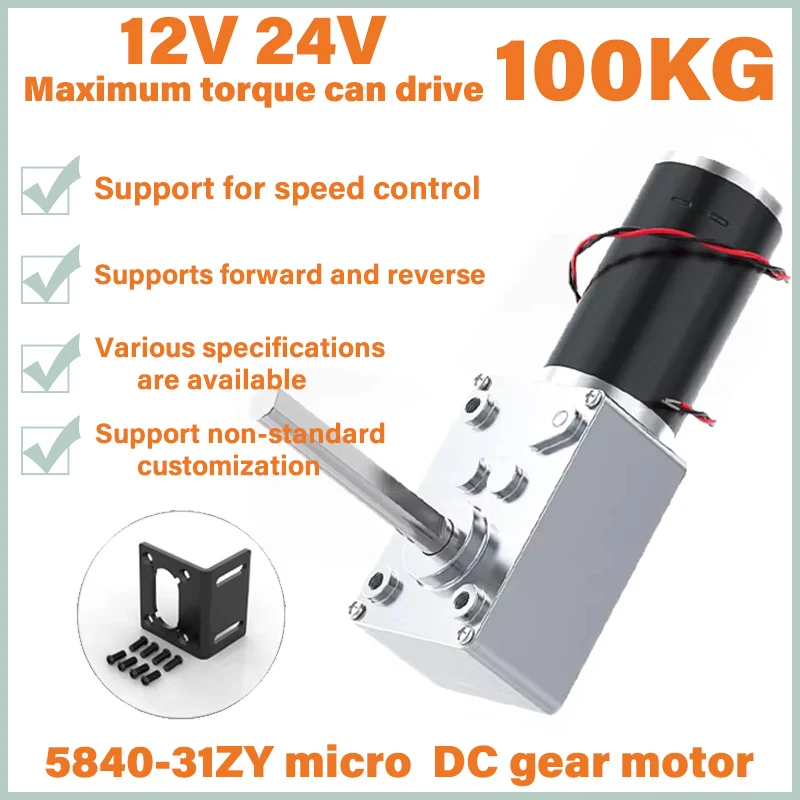 DC12V 24V Strong Torque Worm Gearbox Reduction Reversed Type-D Long Shaft High-Power Worm Gear Motor Curtain Motor 5840-31zy