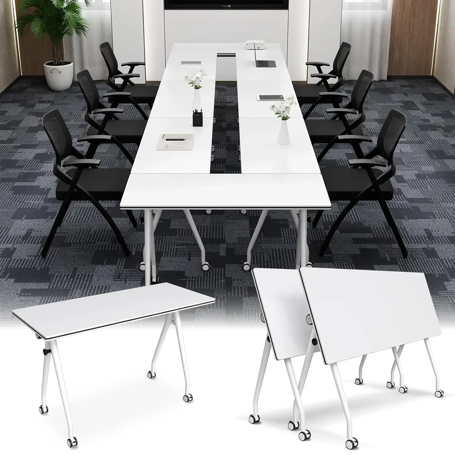 

Folding Conference Table 4-12 Person Modular Flip Top Mobile Wheels Office Meeting Classroom Library 55.1in 2Pack Custom