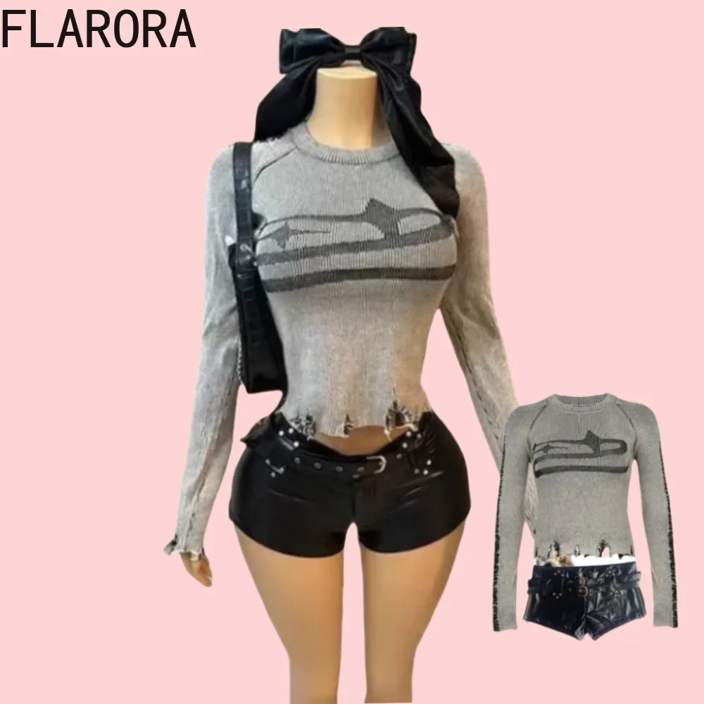 FLARORA Fashion Y2k Print Shorts Two Piece Sets Woman Round Neck Long Sleeve Pullovers And Pu Leather Shorts Outfits Streetwear