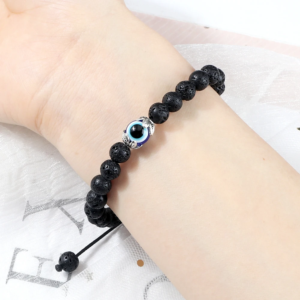 Fashion Trendy Men Turkish Evil Eye Bracelets 6mm Natural Tiger Eye Volcanic Stone Bracelets Women Braided Amulet Jewelry Gifts