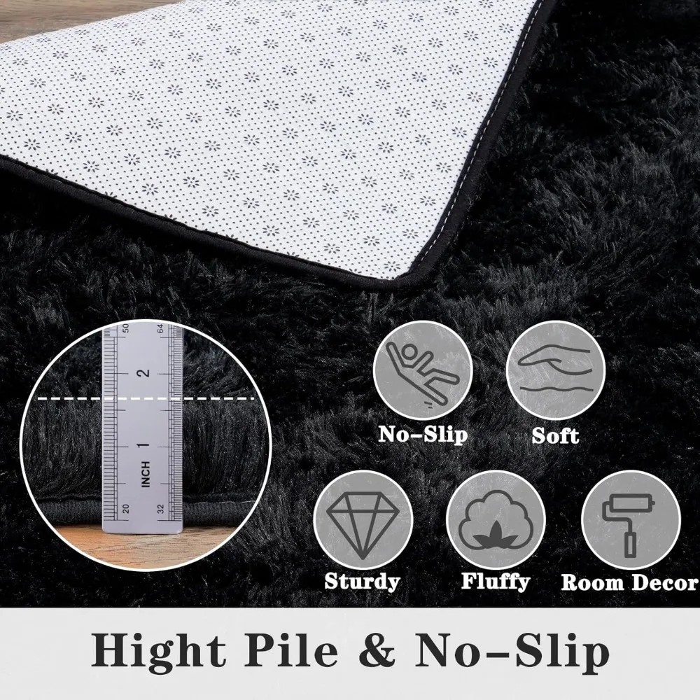 سجاد منطقة سوبر رقيق أسود 8x10، كبير حديث Shag داكن ‌   سجاد أسود لغرفة المعيشة، كبير من القطيفة الناعمة تحت سجادة غرفة النوم