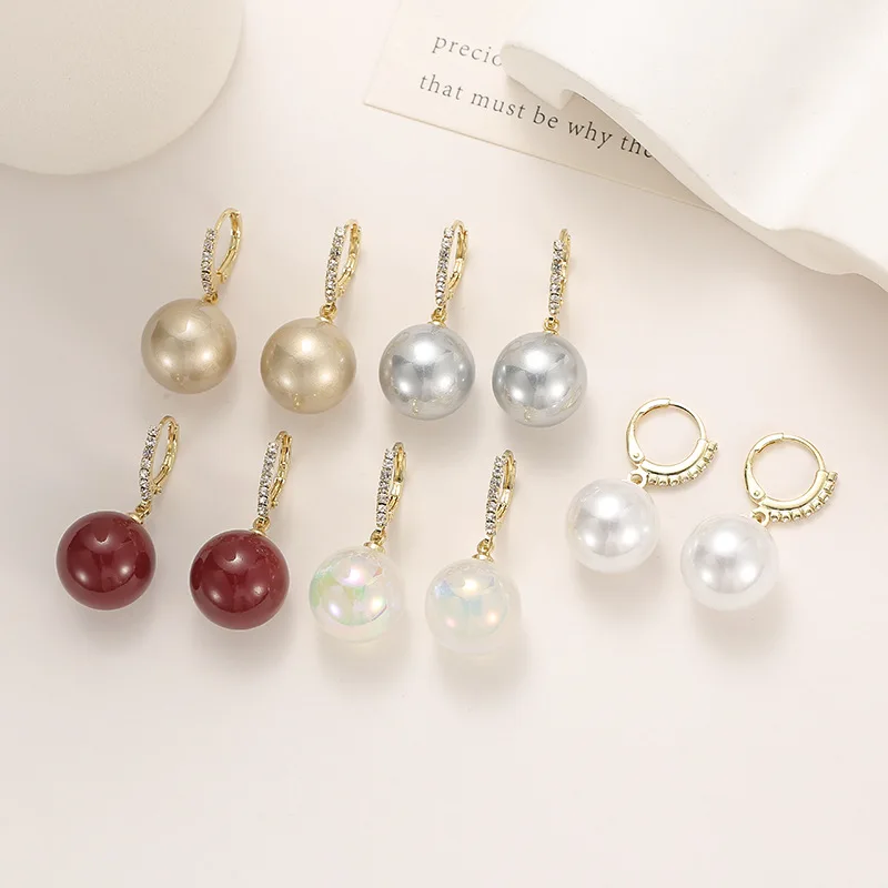 Large Mermaid Pearl Earrings Copper Inlaid Rhinestone Ear Buckle Hollow Bracket Hoop Earrings For Women