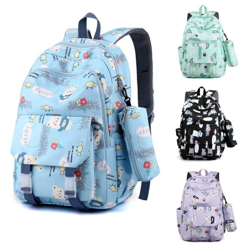 

Oxford Large Capacity Backpack Bear Printing Pattern with Pencil Case Korean Style School Bag Solid Color Casual Knapsack Unisex