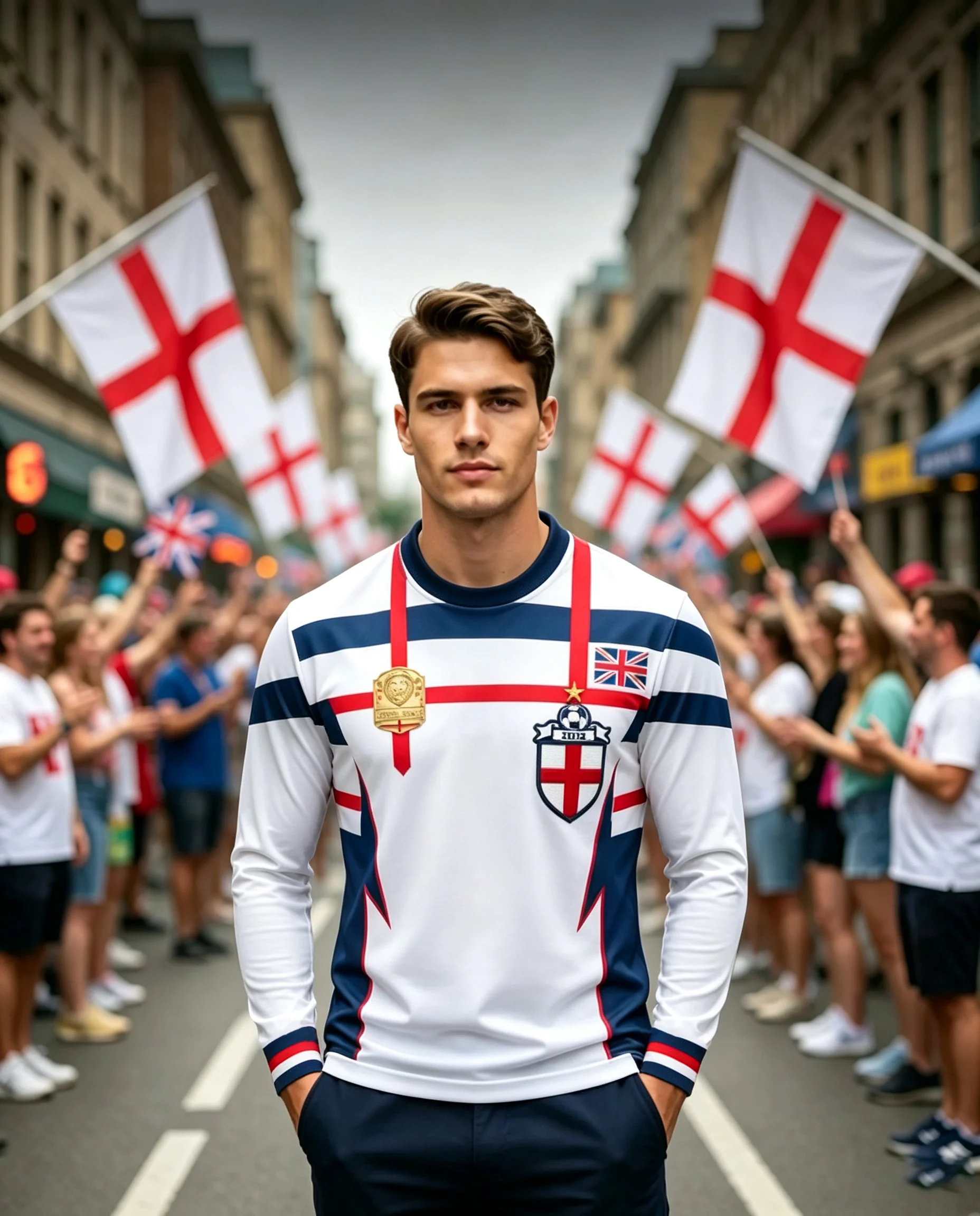 Camisetas de Fútbol de Manga Larga para Hombre, Blancas con Rayas Rojas y Azules, Emblema de la Cruz de Inglaterra, Impresión 3D, Secado Rápido, Camiseta de Entrenamiento para Aficionados