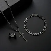 3pcs Set Men's Stainless Steel Metal Cross Pendant Necklace Bracelet Ring Jewelry Set Punk Gothic Hip Hop Daily Wear Accessories