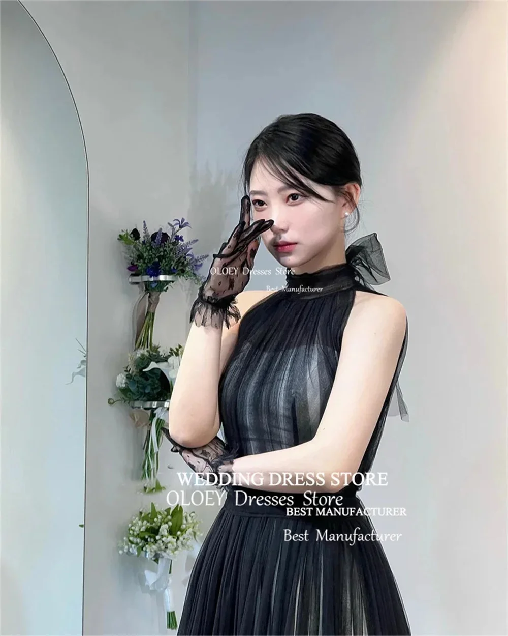 OLOEY Unique Black Organza Evening Dress Korea Photoshoot Halter Party Dress Floor-Length Prom Gown Wedding Party Dress