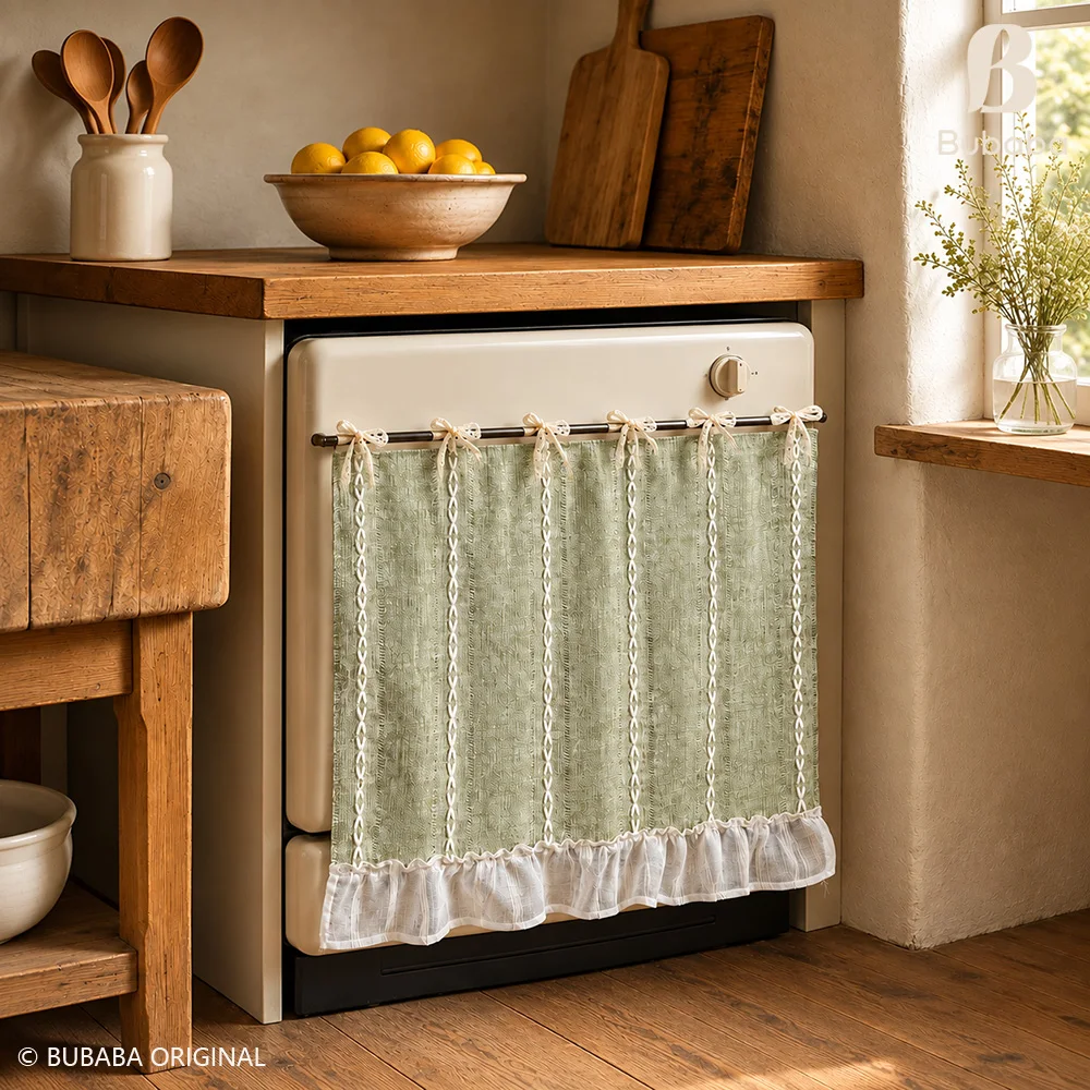 Microwave Dust Cover Curtain Ruffled Hem Lace Tie Kitchen Cabinet Dust Curtain Hollow Vertical Stripe Dust Shield