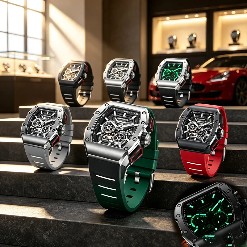 Mod Wine Barrel Shape Men's Fully Automatic Watch 5ATM Waterproof Luminous Rubber Strap Silver Track Series Perfect Gift