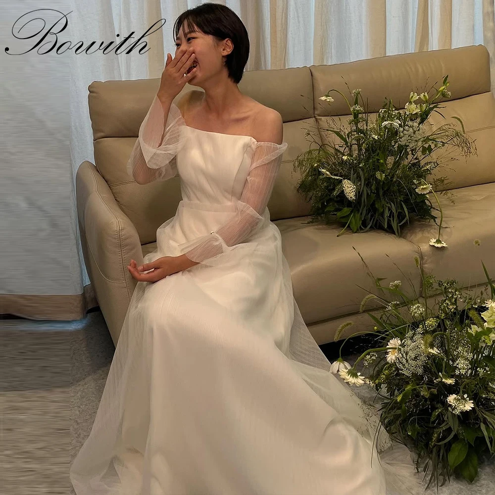 

Bowith Boat Neck Korean Wedding Dresses Off the Shoulder Bridal Gown A-Line Floor-Length Sleeveless Wedding Gown Customized