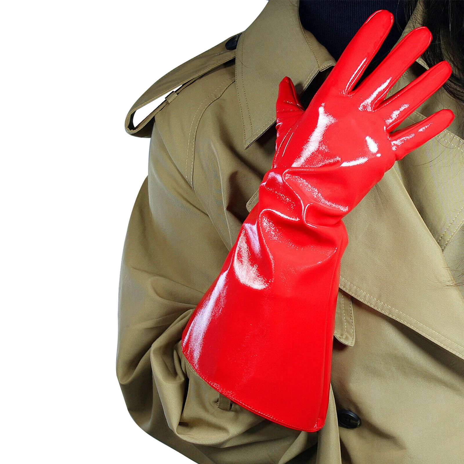 DooWay Unisex Shine Red Large Latex Gloves Oversize Big Puff Sleeves Elbow Long Faux Leather Cosplay Nightclub Evening Glove