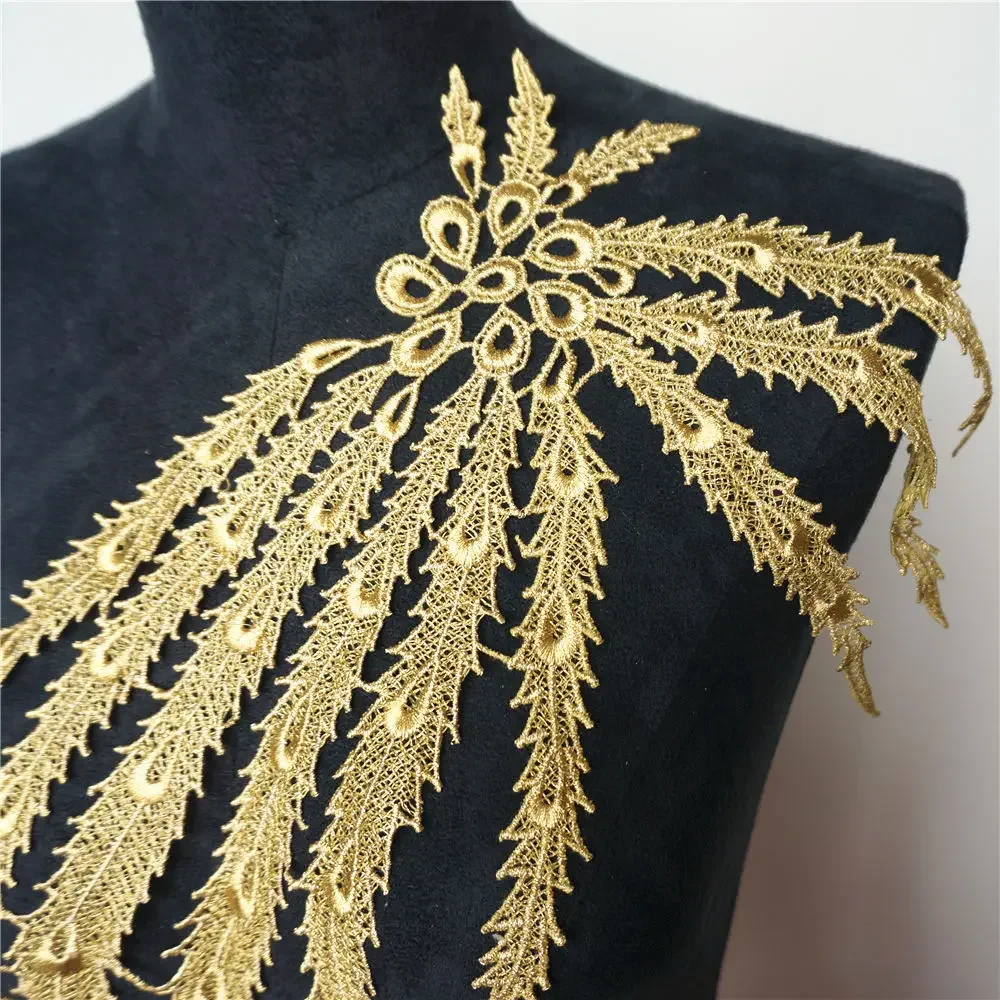 Large Embroidered Phoenix Tail Applique Lace Fabric Tassel Flower Patch Collar Wedding Bridal Gown Trimmings Party Dress Decor