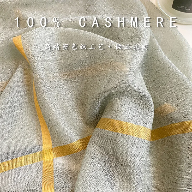 100% PURE CASHMERE Square Shawl Pale Sage Green Diagonal Gold Grid Double Sided Bandana Women Minimalist Travel Luxury Gift view 5
