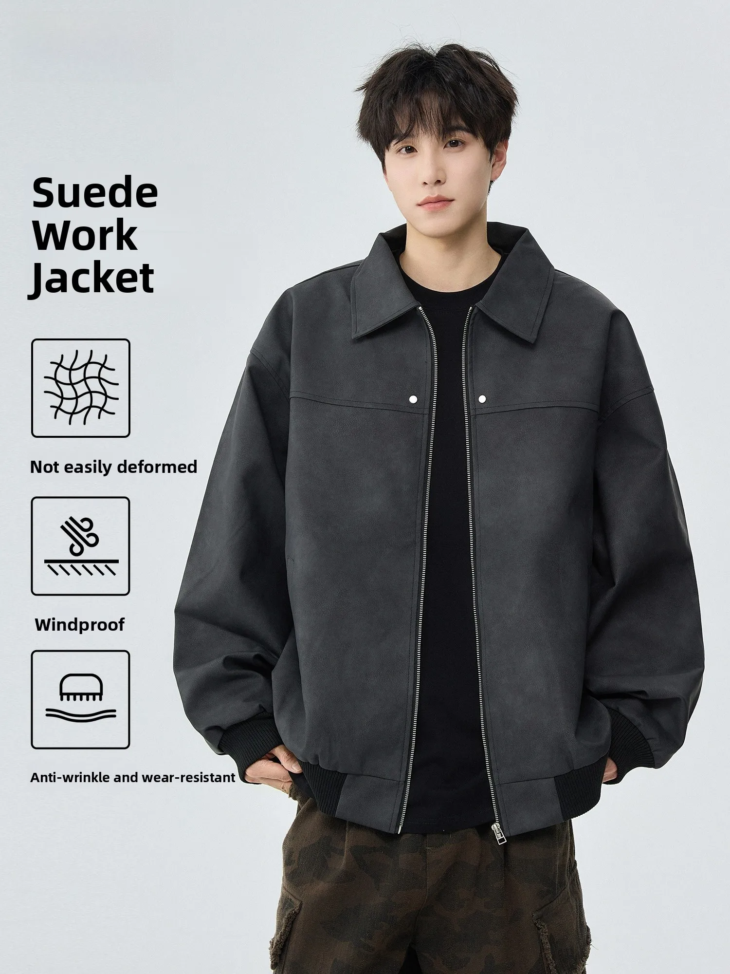 

American Sle Faux Suede Biker Jaet Men's Autumn Winter New Sle Reversible Zipper Decorated Cotton Polyester Blend Coat