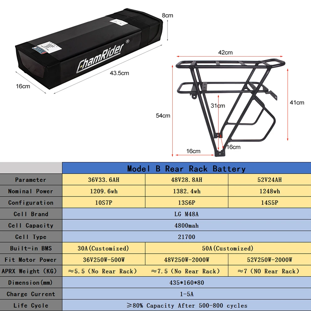 ChamRider 48V EBike batteria al litio modello B batteria portapacchi posteriore 50A BMS 52V batteria bici elettrica potente capacità 36V 21700 cella