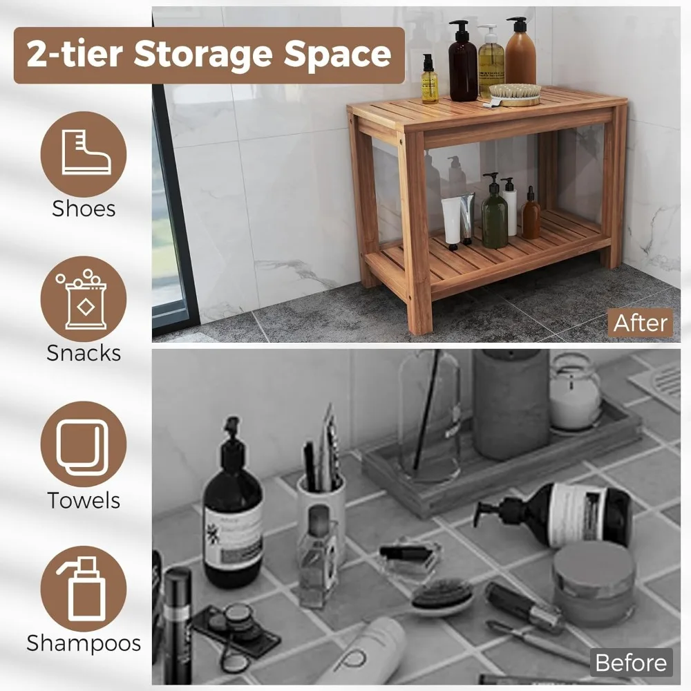 Banco de chuveiro de teca com prateleira, banco de chuveiro de 24 polegadas com assento de ripas para idosos,