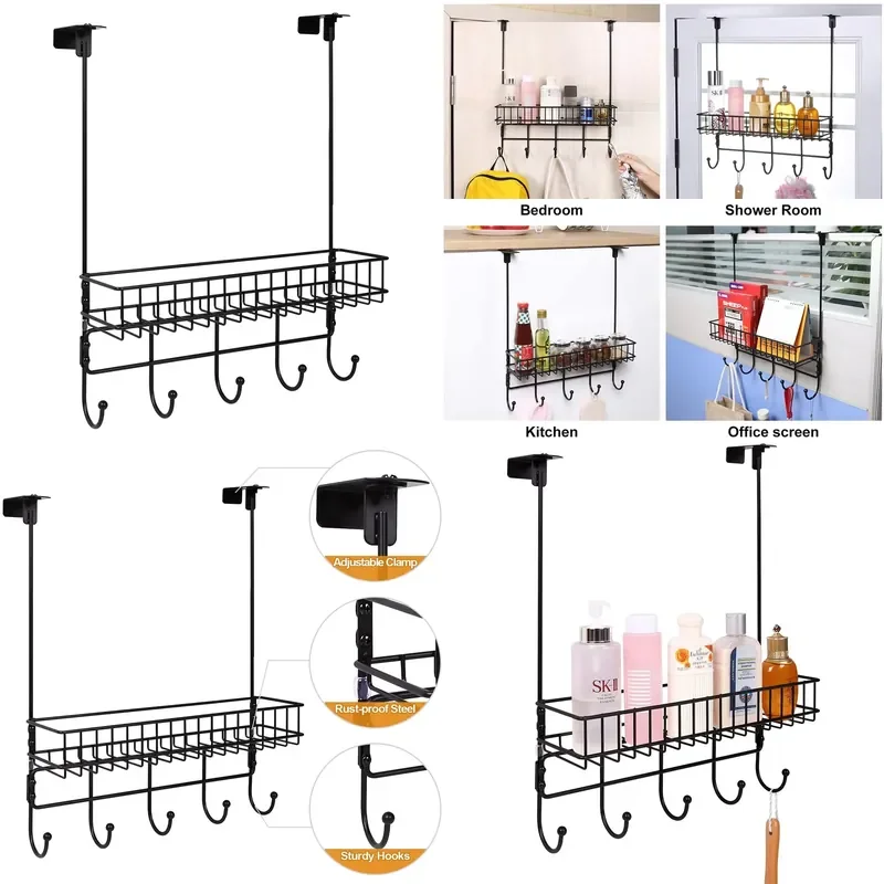 for  Anti-rust Coat Rack Spice Rack Door Hanger with Basket Built-in 5 Hook Metal Storage Rack