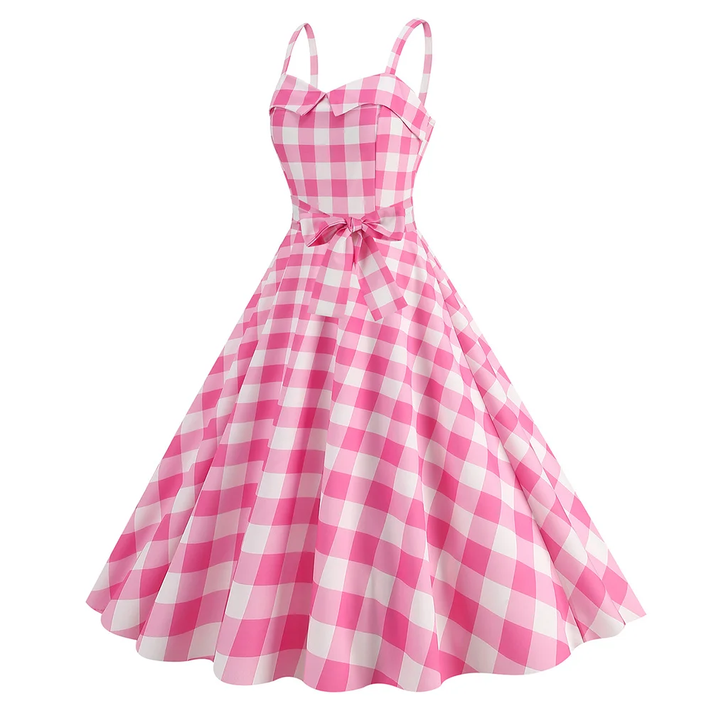 Female Margot Cosplay Costume Summer Pink Plaid High Waist Dress Movie Barbei Fantasy Halloween Carnival Party Clothing Suit