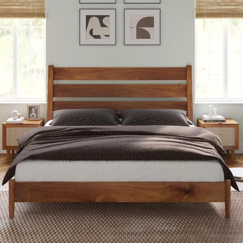 King Size Solid Wood Bed Frame Mid Century Platform Bed with Reclining Slatted Headboard Noise Free Light Brown