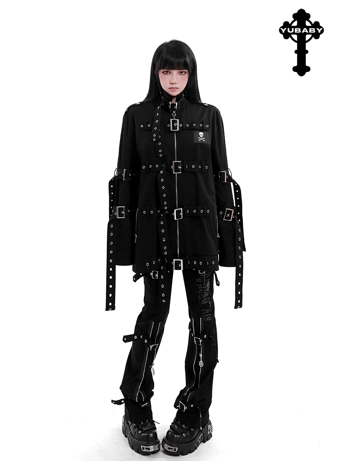 YUBABY Gothic Dark Binding Coat Single Layer Canvas Workwear Spring Autumn Visual Subculture Belted Strapped Restrained Outer...