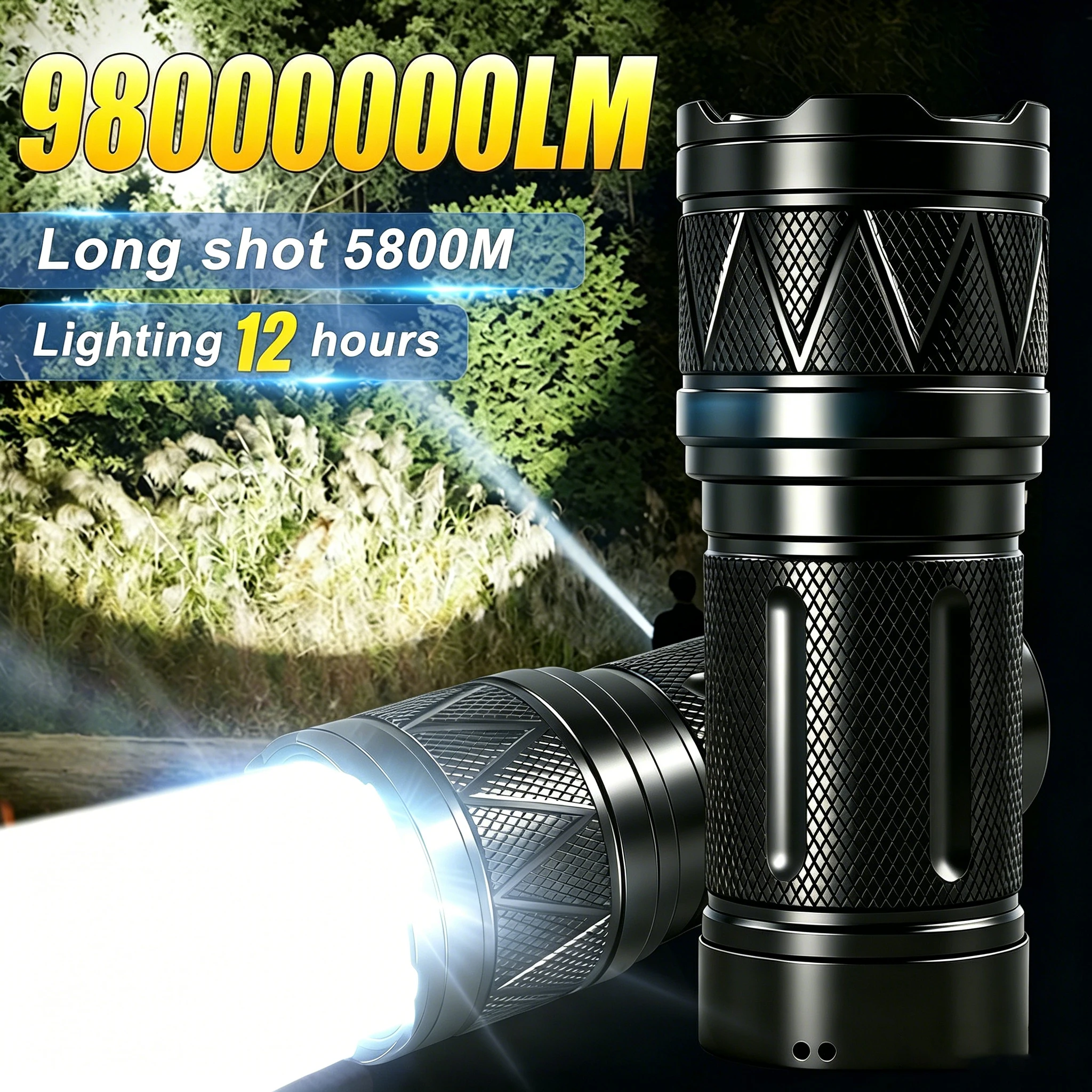 98000000LM Ultra Powerful LED Flashlight 5800M Long Shot 12 Hours Runtime Waterproof Handheld Torch for Outdoor Camping Fishing