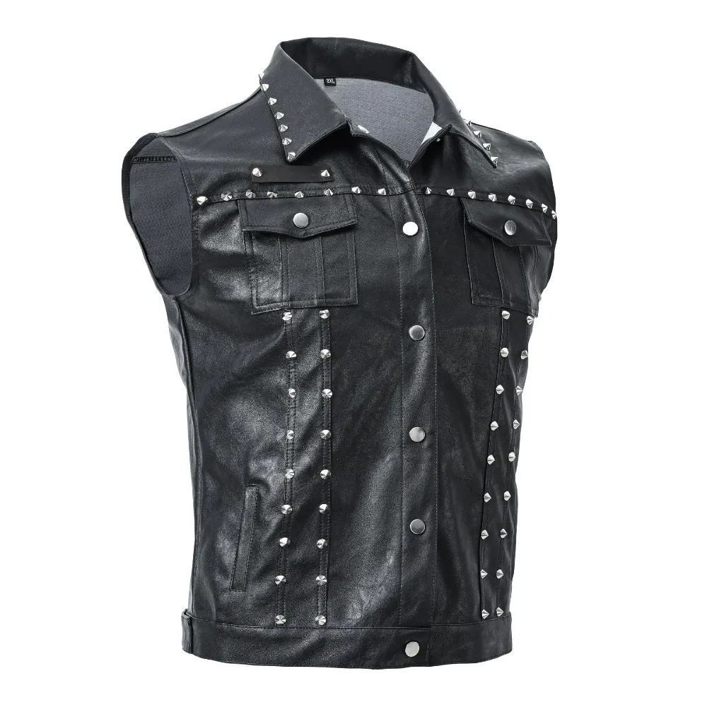 Black Lapel Team Punk Vest for Men Rivet Motorcycle Style PU Imitation Leather Vest