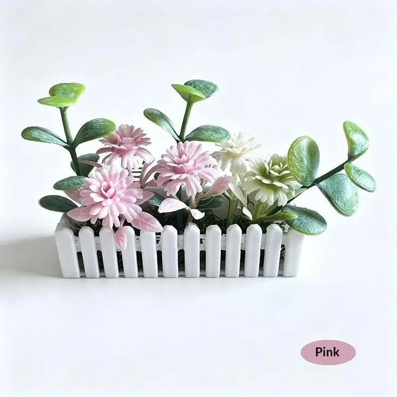 Mini Dollhouse Artificial Potted Flower Model White Fence Micro Landscape Decor Doll House Ornament