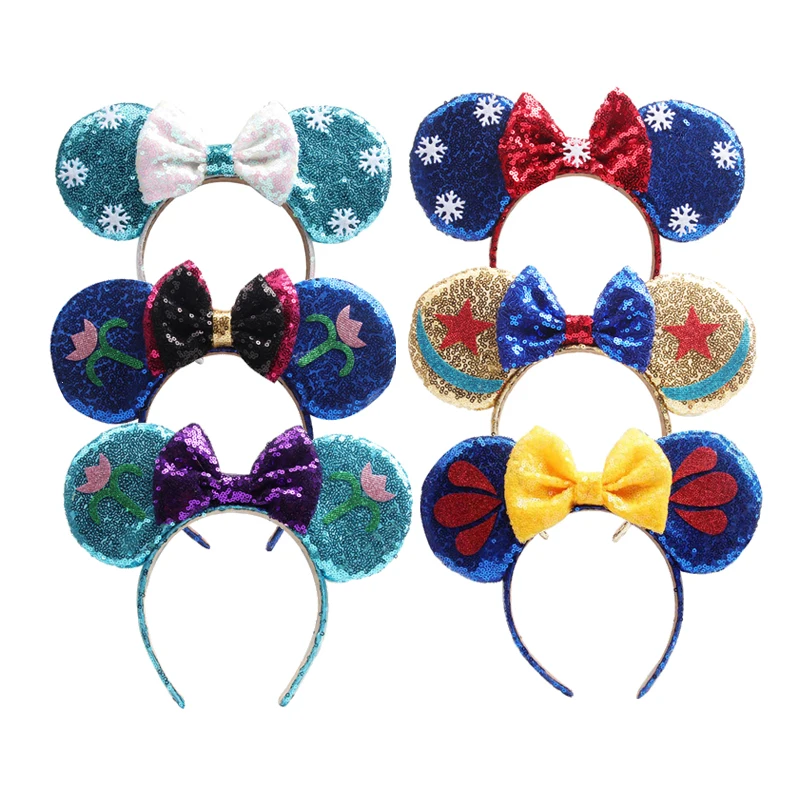 Mickey Minnie Mouse Ear Headbands Frozen Elsa Anna Bow Sequins Hairband For Women Girls Hairband Hair Hoop Hair Accessories